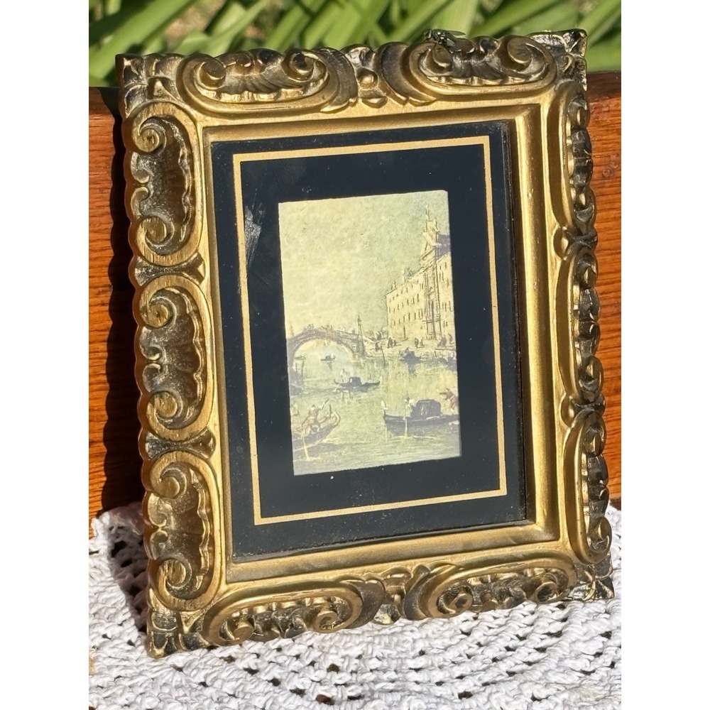 Vintage Framed Scenic Venice Italy Print 6.5" X 5.5" Rococo MCM Regency Style
